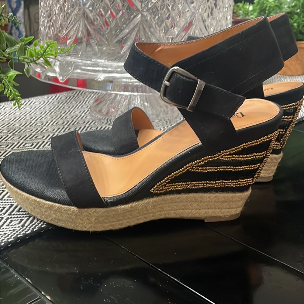 Limelight black wedge heels with gold beads comfortable like new